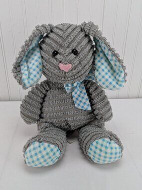 HugFun Gray Corduroy Bunny Rabbit Plush 12" Stuffed Animal Blue White Checkered